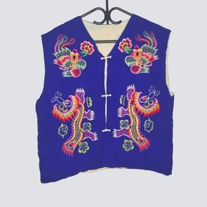 Vintage oversized blue vest with Asian embroidery